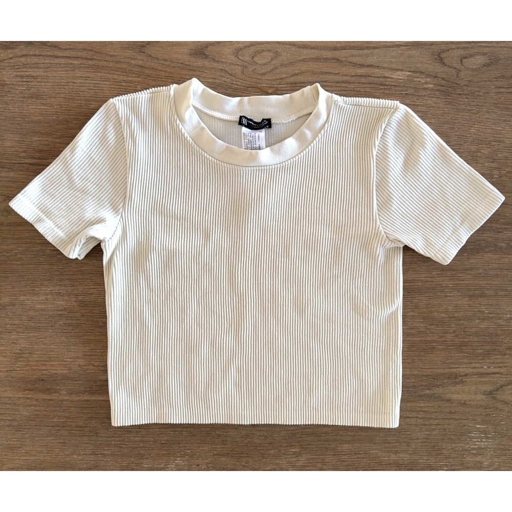Zara Cream Ribbed Short Sleeve Crop Top